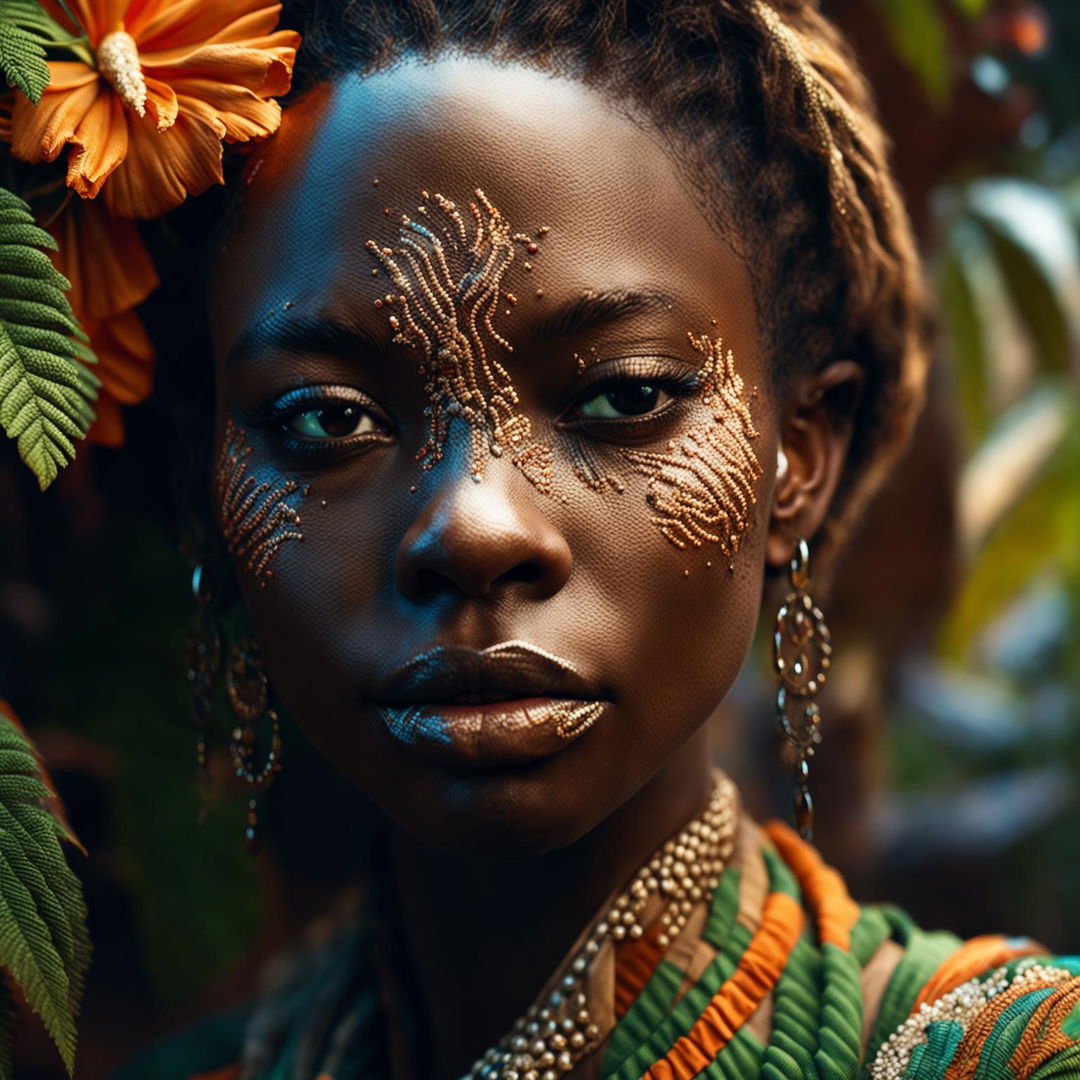 Intense close-up of a different androgynous African woman in Rococo attire in a vibrant mystical jungle, with immaculate composition and lighting.