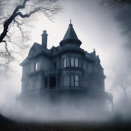 A large, elegant house partially hidden in mist or shadow to suggest mystery but not scary