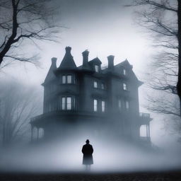 A large, elegant house partially hidden in mist or shadow to suggest mystery but not scary