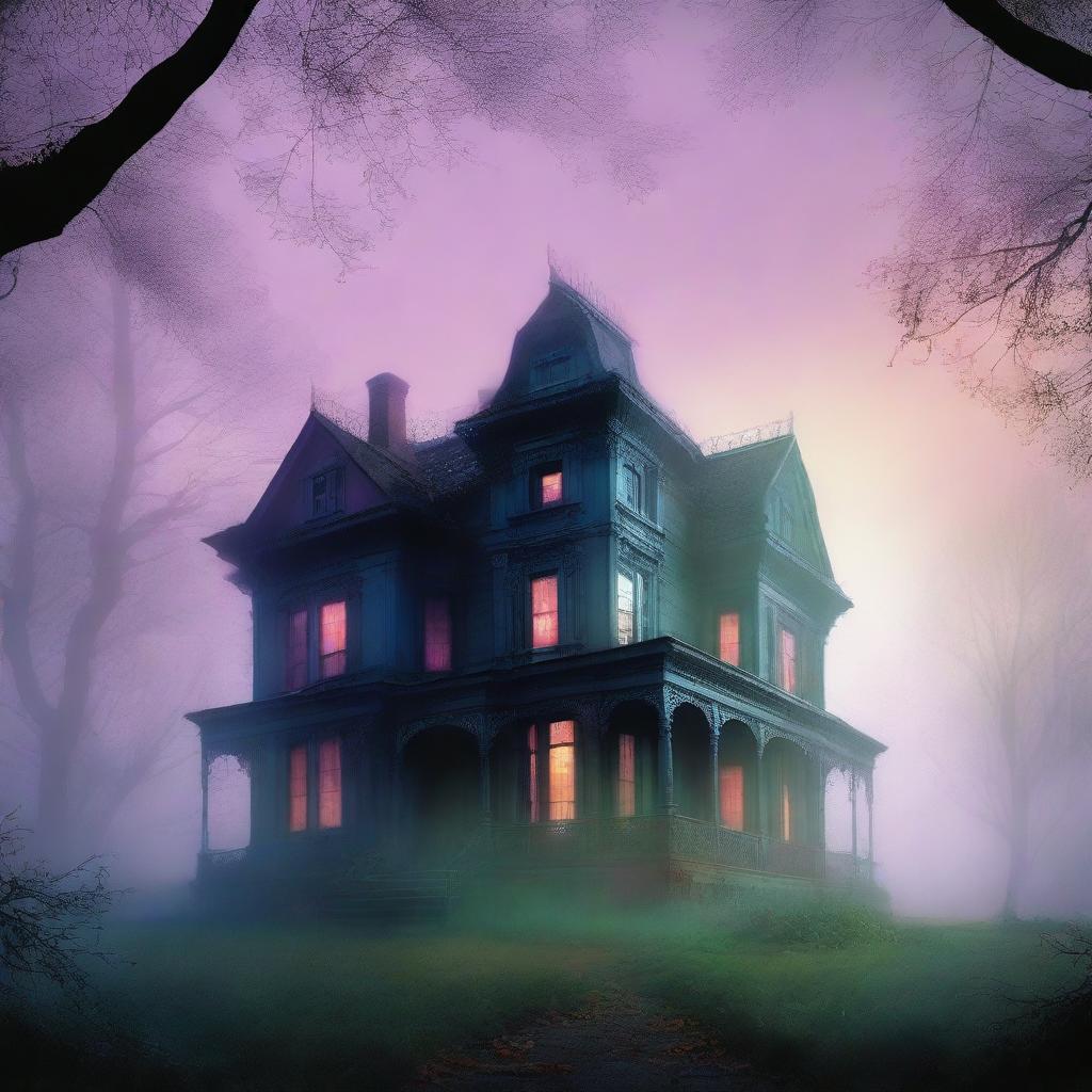 A large, elegant house partially hidden in mist or shadow to suggest mystery but not scary, with more colorful elements