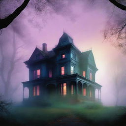 A large, elegant house partially hidden in mist or shadow to suggest mystery but not scary, with more colorful elements