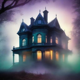 A large, elegant house partially hidden in mist or shadow to suggest mystery but not scary, with more colorful elements