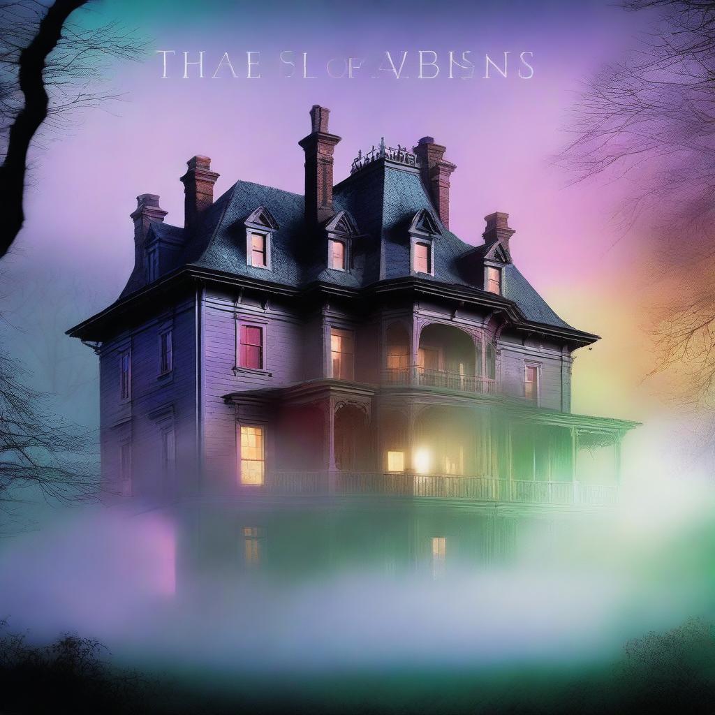 A large, elegant house partially hidden in mist or shadow to suggest mystery but not scary, with more colorful elements