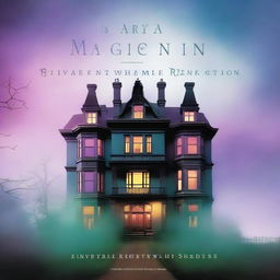 A large, elegant house partially hidden in mist or shadow to suggest mystery but not scary, with more colorful elements