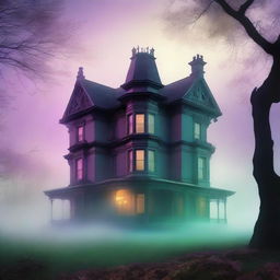 A large, elegant house partially hidden in mist or shadow to suggest mystery but not scary, with more colorful elements