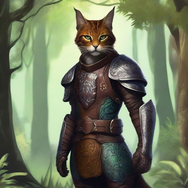 A Tabaxi warrior clad in leather armor, holding a leather shield, standing in a dense, mystical forest