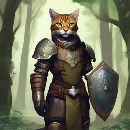 A Tabaxi warrior clad in leather armor, holding a leather shield, standing in a dense, mystical forest