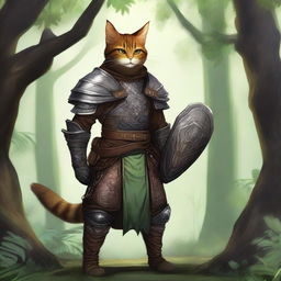 A Tabaxi warrior clad in leather armor, holding a leather shield, standing in a dense, mystical forest