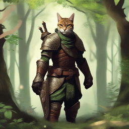 A Tabaxi warrior clad in leather armor, holding a leather shield, standing in a dense, mystical forest