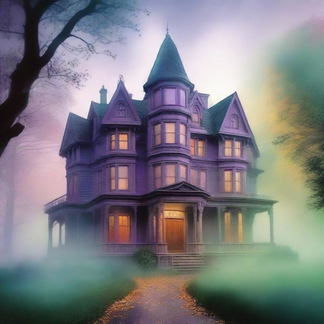 A large, elegant house partially hidden in mist or shadow to suggest mystery but not scary, with more colorful elements