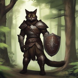 A dark brown Tabaxi warrior clad in leather armor, holding a leather shield, standing in a dense, mystical forest