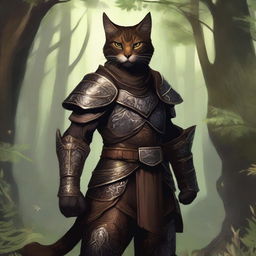 A dark brown Tabaxi warrior clad in leather armor, holding a leather shield, standing in a dense, mystical forest