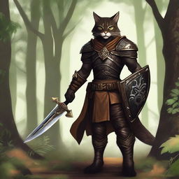 A dark brown Tabaxi warrior clad in leather armor, holding a leather shield, standing in a dense, mystical forest