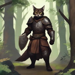 A dark brown Tabaxi warrior clad in leather armor, holding a leather shield, standing in a dense, mystical forest