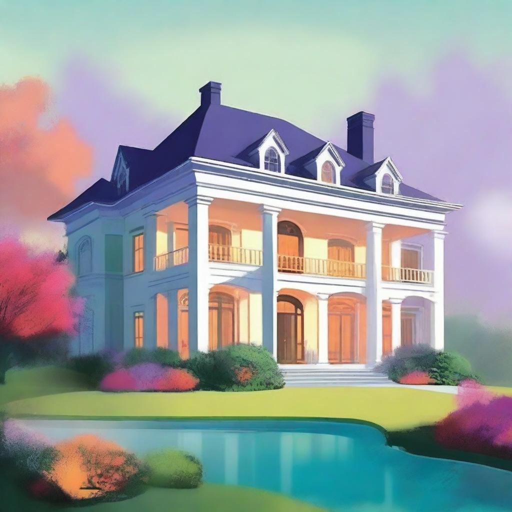 A large, elegant modern house with a huge garden that has a pool and expensive cars, partially hidden in mist or shadow to suggest mystery but not scary, with more colorful elements