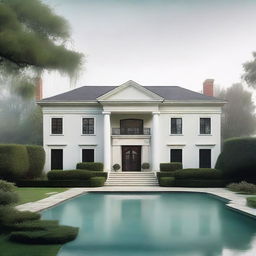 A large, elegant modern house with a huge garden that includes a pool and expensive cars, partially hidden in mist or shadow to suggest mystery