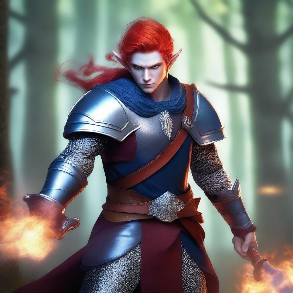 A male Elf with blue-grey skin and fiery red hair, wearing chainmail armor and wielding a battle axe