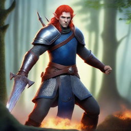 A male Elf with blue-grey skin and fiery red hair, wearing chainmail armor and wielding a battle axe