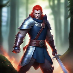 A male Elf with blue-grey skin and fiery red hair, wearing chainmail armor and wielding a battle axe