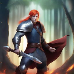 A male Elf with blue-grey skin and fiery red hair, wearing chainmail armor and wielding a battle axe