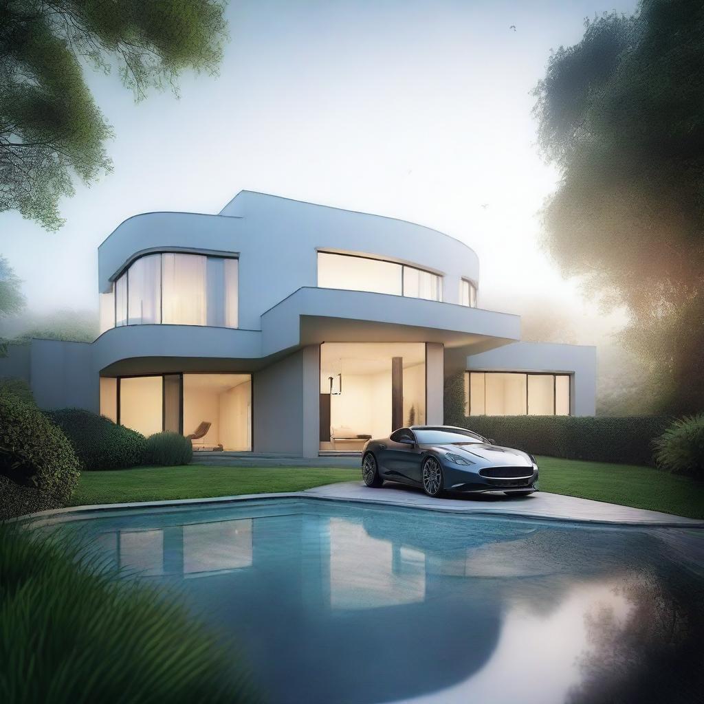 A large, elegant modern house with a huge garden that includes a pool and expensive sports cars, partially hidden in mist or shadow to suggest mystery