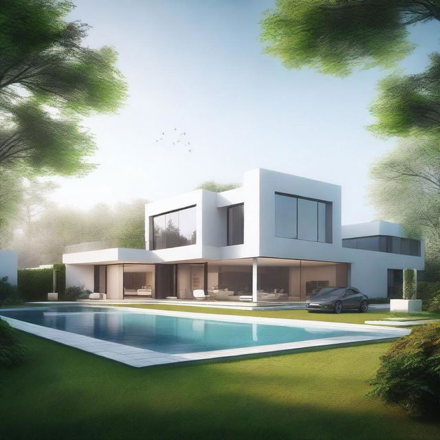 A large, elegant modern house with a huge garden that includes a pool and expensive sports cars, partially hidden in mist or shadow to suggest mystery