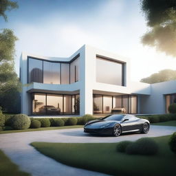 A large, elegant modern house with a huge garden that includes a pool and expensive sports cars, partially hidden in mist or shadow to suggest mystery