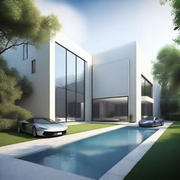 A large, elegant modern house with a huge garden that includes a pool and expensive sports cars, partially hidden in mist or shadow to suggest mystery