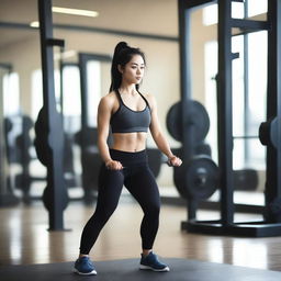 A petite girl with black hair working out in a gym