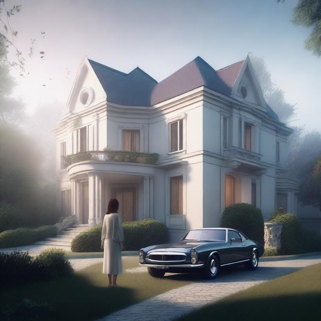 A large, elegant modern house with a huge garden that includes a pool and expensive cars, partially hidden in mist or shadow to suggest mystery