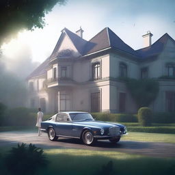 A large, elegant modern house with a huge garden that includes a pool and expensive cars, partially hidden in mist or shadow to suggest mystery