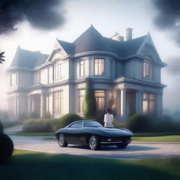 A large, elegant modern house with a huge garden that includes a pool and expensive cars, partially hidden in mist or shadow to suggest mystery