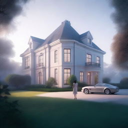 A large, elegant modern house with a huge garden that includes a pool and expensive cars, partially hidden in mist or shadow to suggest mystery