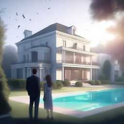 A large, elegant modern house with a huge garden that includes a pool and expensive cars, partially hidden in mist or shadow to suggest mystery