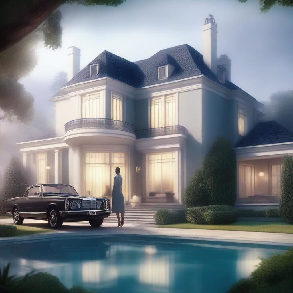 A large, elegant modern house with a huge garden that includes a pool and expensive cars, partially hidden in mist or shadow to suggest mystery