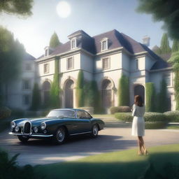 A large, elegant modern house with a huge garden that includes a pool and expensive cars, partially hidden in mist or shadow to suggest mystery