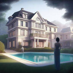 A large, elegant modern house with a huge garden that includes a pool and expensive cars, partially hidden in mist or shadow to suggest mystery