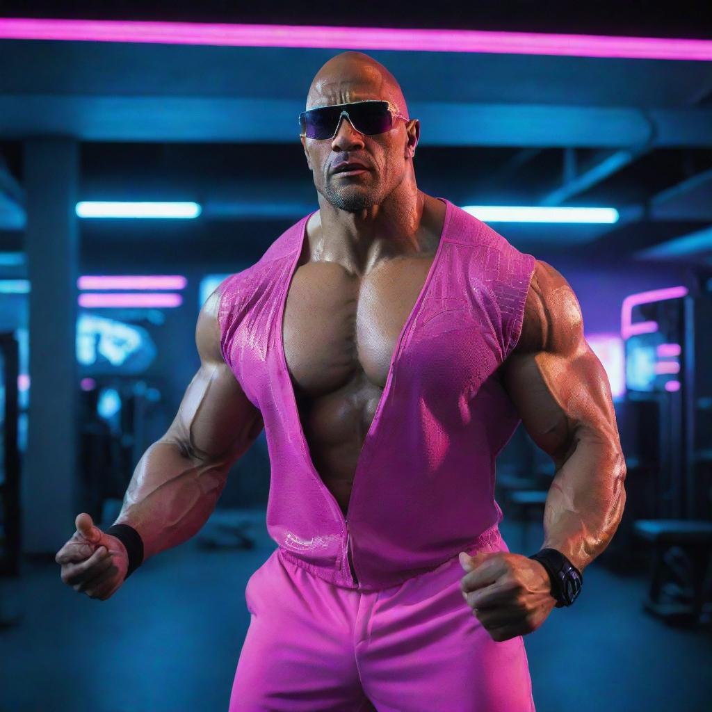 The Rock in a high-tech cyberpunk setting, clad in neon-glowing attire, futuristic eyewear, and building muscle within a digitized, neon-lit gym.