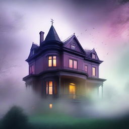 A large, elegant house partially hidden in mist or shadow to suggest mystery but not scary, with more colorful elements