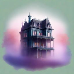 A large, elegant house partially hidden in mist or shadow to suggest mystery but not scary, with more colorful elements