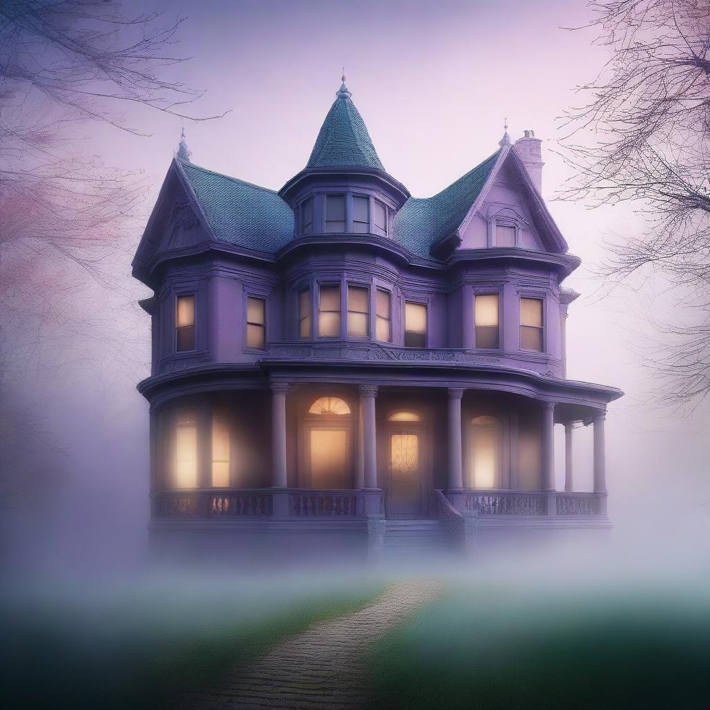 A large, elegant house partially hidden in mist or shadow to suggest mystery but not scary, with more colorful elements