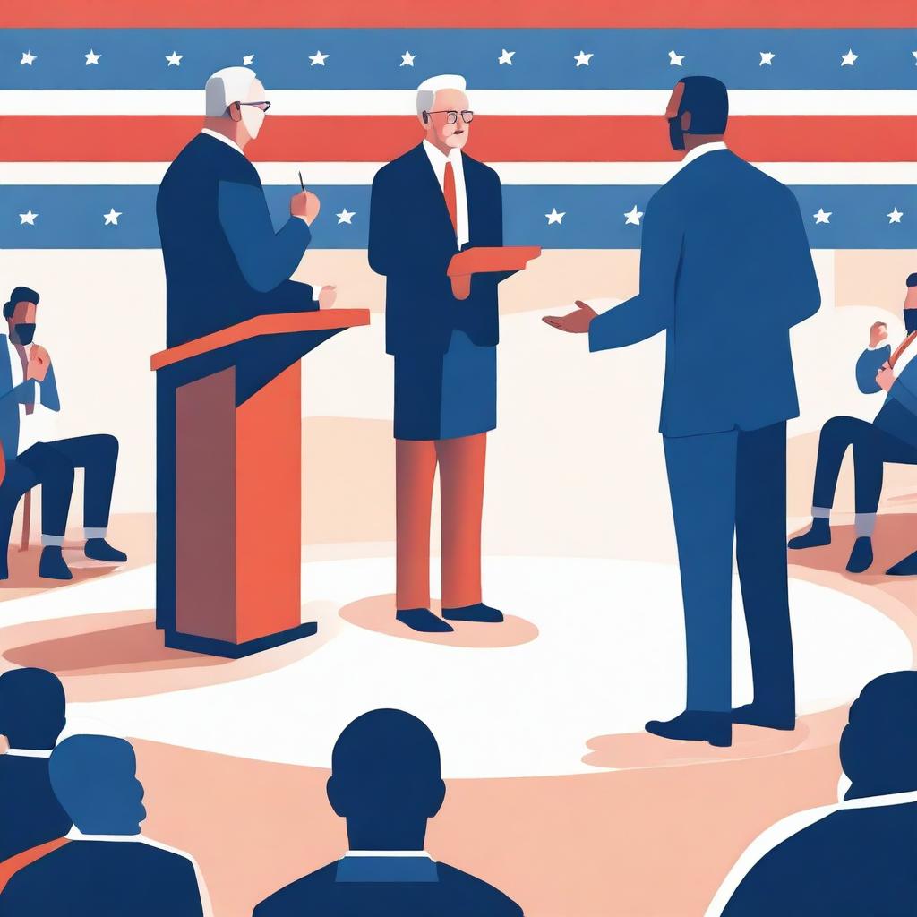 A political scene showing a debate between two candidates on a stage with a lively audience in the background