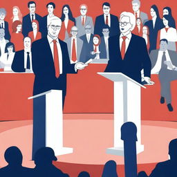 A political scene showing a debate between two candidates on a stage with a lively audience in the background