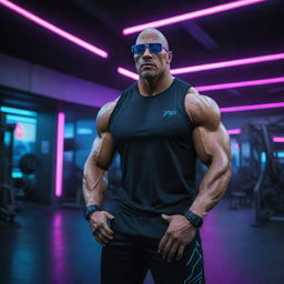 The Rock in a high-tech cyberpunk setting, clad in neon-glowing attire, futuristic eyewear, and building muscle within a digitized, neon-lit gym.