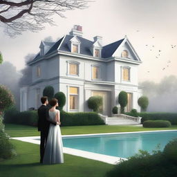 A large, elegant modern house with a huge garden that has a pool and expensive cars, partially hidden in mist or shadow to suggest mystery