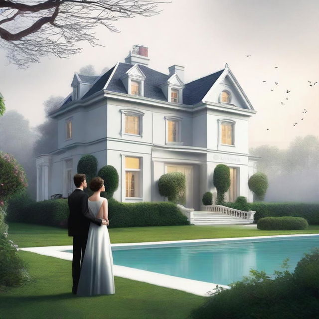 A large, elegant modern house with a huge garden that has a pool and expensive cars, partially hidden in mist or shadow to suggest mystery