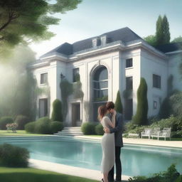 A large, elegant modern house with a huge garden that has a pool and expensive cars, partially hidden in mist or shadow to suggest mystery