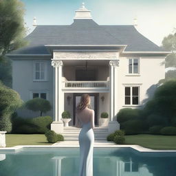 A large, elegant modern house with a huge garden that has a pool and expensive cars, partially hidden in mist or shadow to suggest mystery