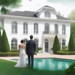 A large, elegant modern house with a huge garden that has a pool and expensive cars, partially hidden in mist or shadow to suggest mystery