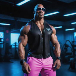 The Rock in a high-tech cyberpunk setting, clad in neon-glowing attire, futuristic eyewear, and building muscle within a digitized, neon-lit gym.